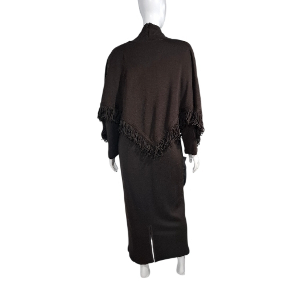 Maggy London XL Brown Wool Blend 2-Piece Knit Sweater Dress & Fringe Poncho Set - Picture 2 of 16
